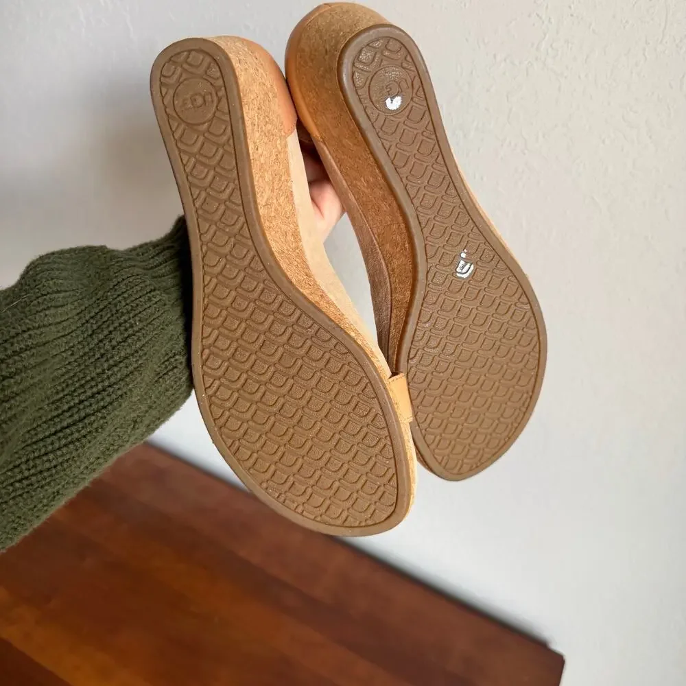 UGG Emilia Tan Leather Cork Wedge Strappy Sandal Womens 8 Coquette - Picture 5 of 5